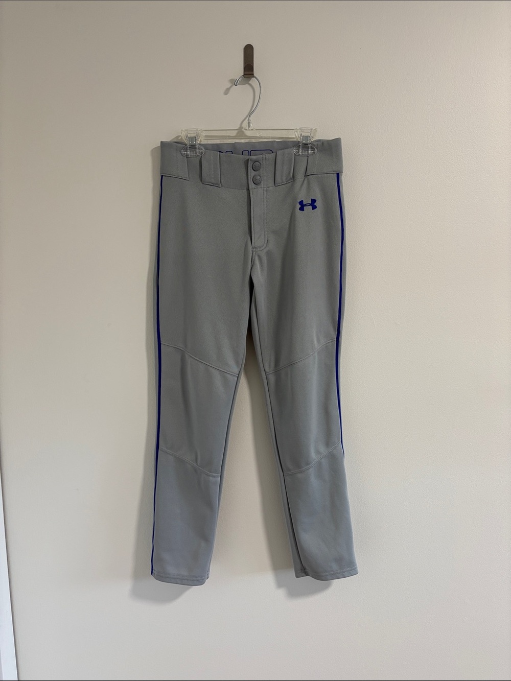 Under Armour Light Gray Baseball Pants with Blue Piping Youth Size M